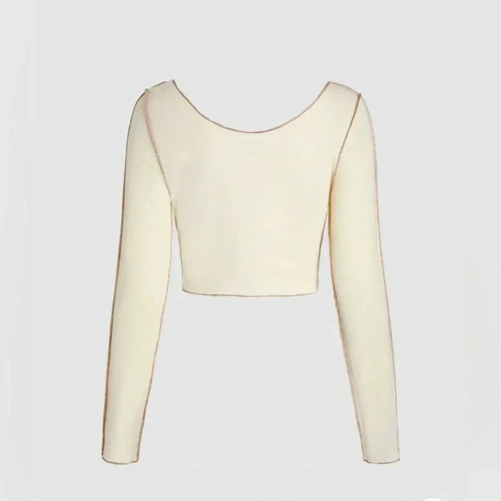 Cider cotton ribbed beige stiching long sleeve cropped top sz S nwot 006 - Picture 2 of 7